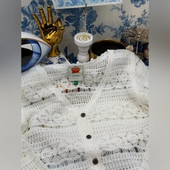🆕 FARM Rio 🧿 NWOT White Crochet Button Up Cardigan Sweater, Sz S - Picture 11 of 15